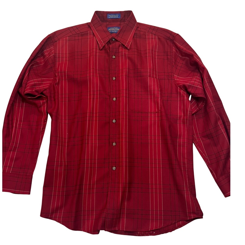 Pendleton Sir Pendleton Mens Red Plaid Worsted Wool Button Down Shirt Large L